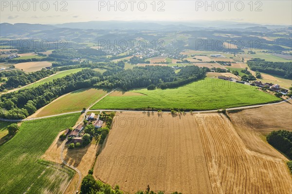 Aerial view over the fields and forests near Woerth an der Donau