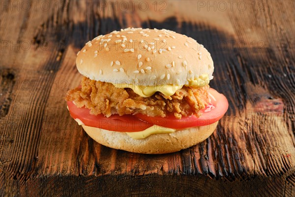 Street chicken burger with fresh tomato and cheesy sauce