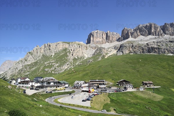 Hotels and restaurants at the mountain pass Passo Pordoi
