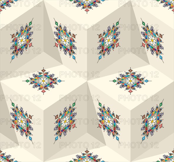 Decorative geometric repeating pattern inspired by Al-Qatt Al-Asiri traditional paintings