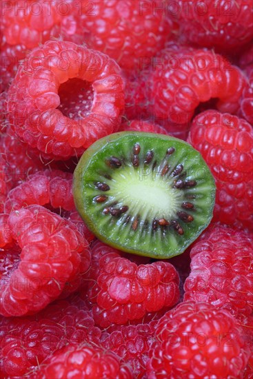 Halved mini kiwi on raspberries