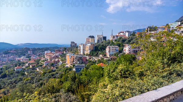 Panoramic view of the city from Kruje Castle and its fortress with walls. Albania