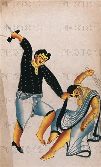 Domestic violence: A man holds his woman by the hair and wants to hit her with a shoe while she tries to fight back with a broom. Watercolour drawing. Husband and woman. Domestic violence. Anger. Wife...