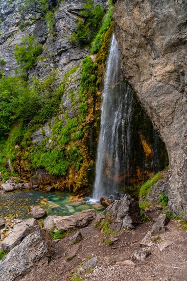Natural landscape at Grunas waterfall in Theth national park