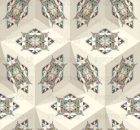 Decorative geometric repeating pattern inspired by Al-Qatt Al-Asiri traditional paintings