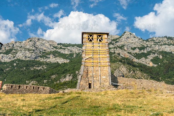 Tower of Kruja on top of Kruje Castle and its fortress with walls. Albania