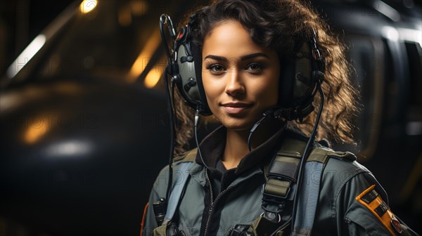 Female african american military helicopter pilot standing near her aircraft