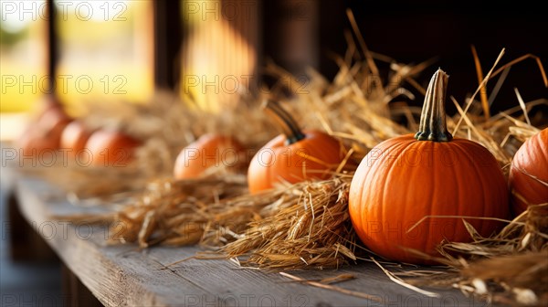 Dozens of orange fall and halloween pumpkins and hay decorating the country barn scene