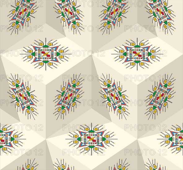 Decorative geometric repeating pattern inspired by Al-Qatt Al-Asiri traditional paintings