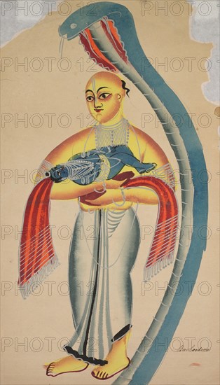 A serpent protects Vasudeva who is carrying his young son Krishna to safety