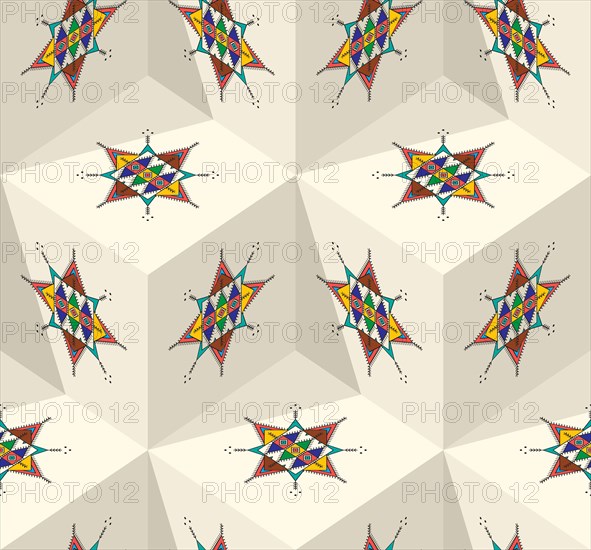 Decorative geometric repeating pattern inspired by Al-Qatt Al-Asiri traditional paintings
