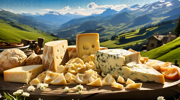 A selection of different cheeses lying on a thick wooden board