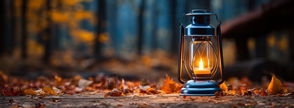 Warm and inviting lit vintage lantern resting on wood planks base outdoors in a fall setting