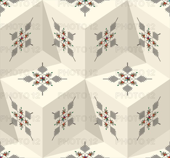 Decorative geometric repeating pattern inspired by Al-Qatt Al-Asiri traditional paintings