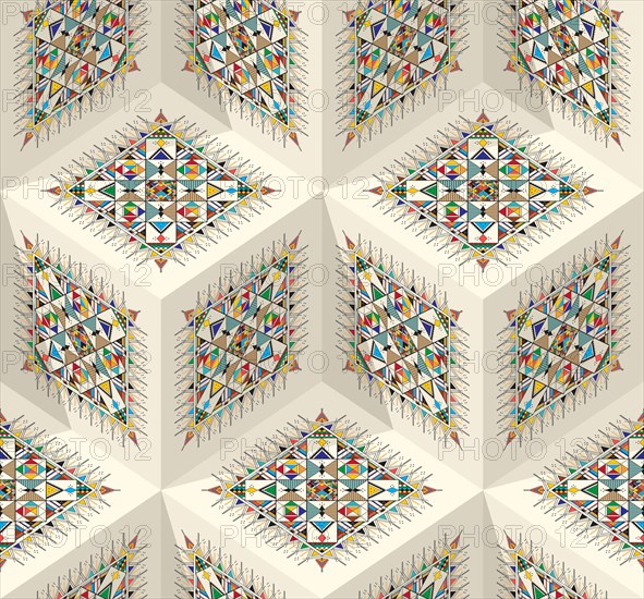Decorative geometric repeating pattern inspired by Al-Qatt Al-Asiri traditional paintings