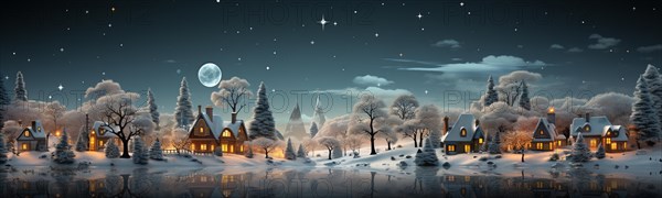 Miniature holiday christmas decorated town and snowy village scene banner. generative AI