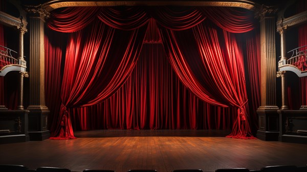 Dramatically lit lustrous red velvet theatre curtains and wooden stage floor. generative AI