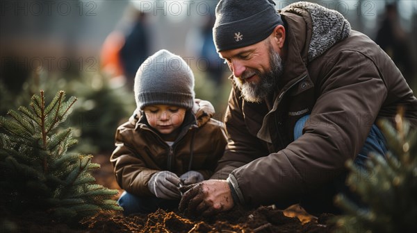 Young father and son planting christmas trees at the tree farm. generative AI