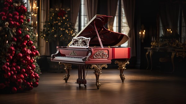 Classic ornate grand piano in A christmas decorated music room. generative AI