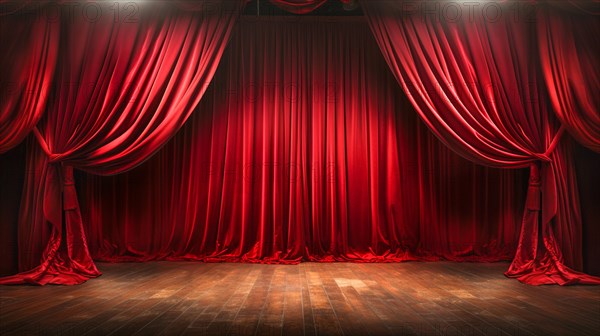 Dramatically lit lustrous red velvet theatre curtains and wooden stage floor. generative AI