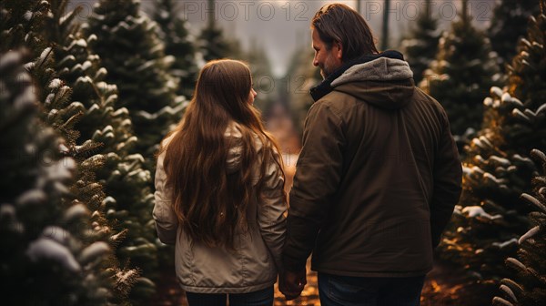 Young romantic couple walking to choose A christmas tree at the farm. generative AI