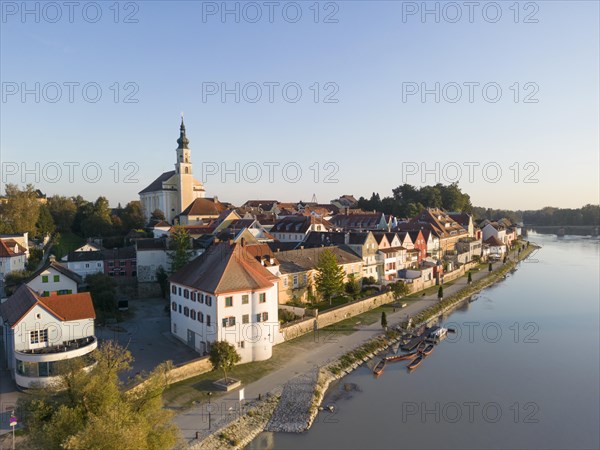 Riverbank promenade and town aerial view