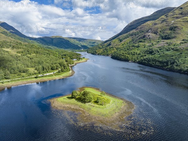 Aerial view of the eastern part of the freshwater loch Loch Leven with a small island