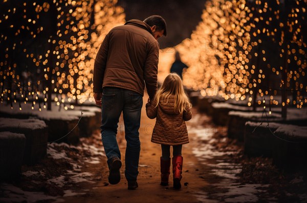 Young father and daughter walking to choose A christmas tree at the snowy farm. generative AI