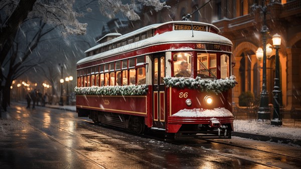 Festive christmas holiday decorated town trolley driving down the street. generative AI