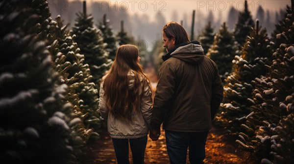 Young romantic couple walking to choose A christmas tree at the farm. generative AI