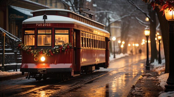 Festive christmas holiday decorated town trolley driving down the street. generative AI