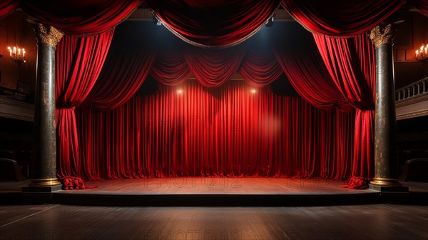 Dramatically lit lustrous red velvet theatre curtains and wooden stage floor. generative AI
