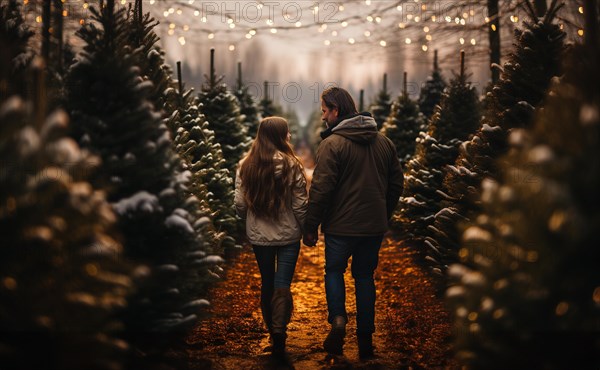 Young romantic couple walking to choose A christmas tree at the farm. generative AI