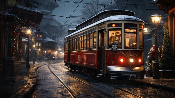 Festive christmas holiday decorated town trolley driving down the street. generative AI