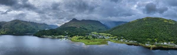 Aerial panorama of the freshwater loch Loch Leven with the village of Glen Coe