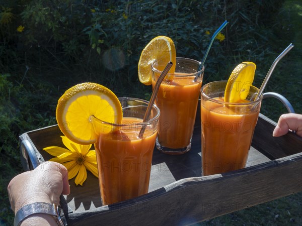 Freshly squeezed juice in juice glasses