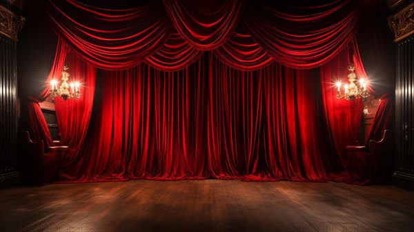 Dramatically lit lustrous red velvet theatre curtains and wooden stage floor. generative AI
