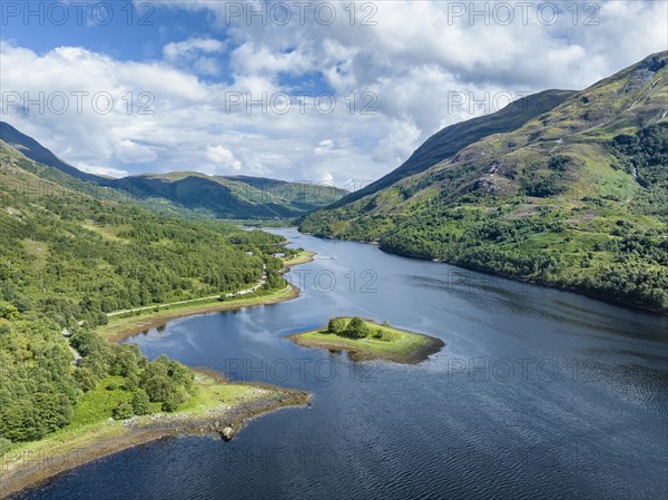 Aerial view of the eastern part of the freshwater loch Loch Leven with a small island
