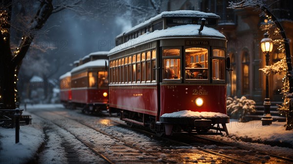 Festive christmas holiday decorated town trolley driving down the street. generative AI