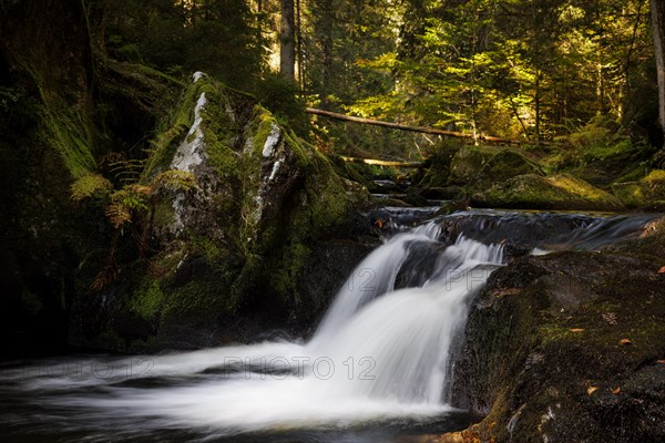 Waterfall in autumn forest with rocks