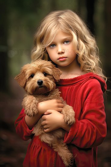 Pretty eight years old girl with long blond hair and red dress holding a Labradoodle in her arms