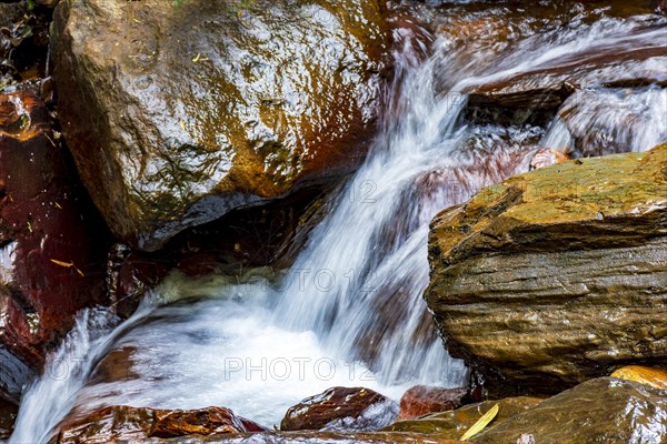 Movement of river water flowing between rocks in the rainforest in Minas Gerais
