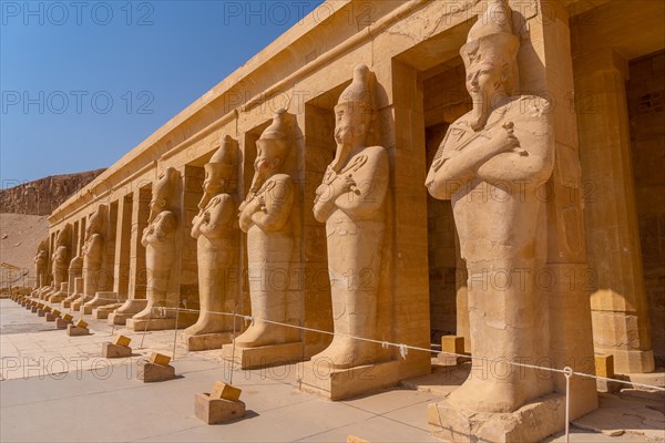 Sculptures of pharaohs entering the Funerary Temple of Hatshepsut in Luxor. Egypt