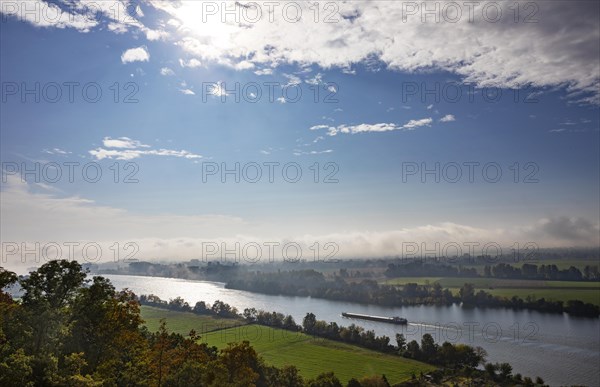 Cargo ship in the morning mist on the Danube near Regensburg