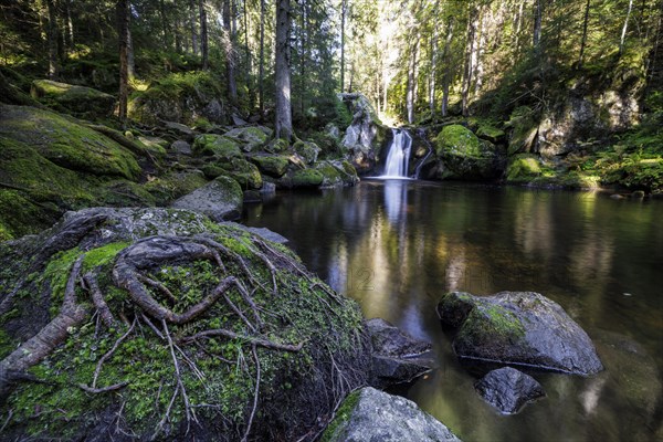 Waterfall in autumn forest with rocks