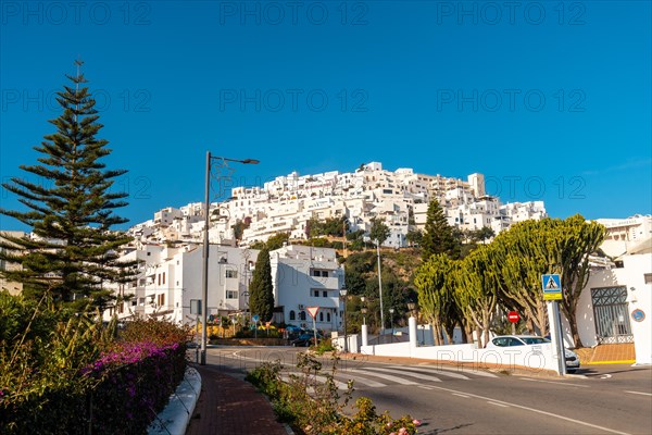 Mojacar town of white houses on the top of the mountain. Costa Blanca in the Mediterranean Sea