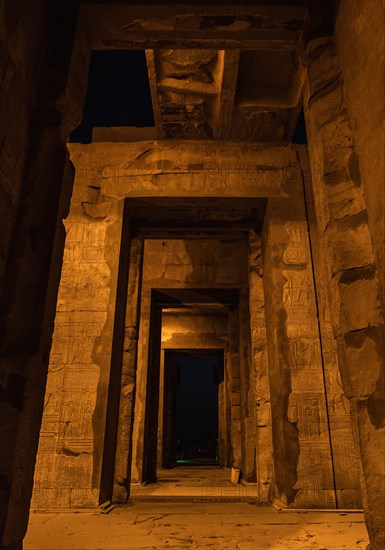 Beautiful columns of the Kom Ombo temple at night illuminated