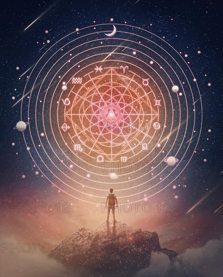 Marvelous scene with a person on the top of a mountain watching the astrological wheel projection on the starry night sky. Zodiac signs