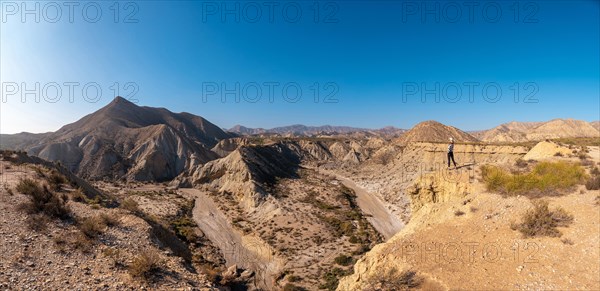 Panoramic in the curve of the path of the desert canyon of Tabernas