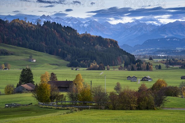 Landscape in the Allgaeu in autumn near Rettenberg with a view of farms